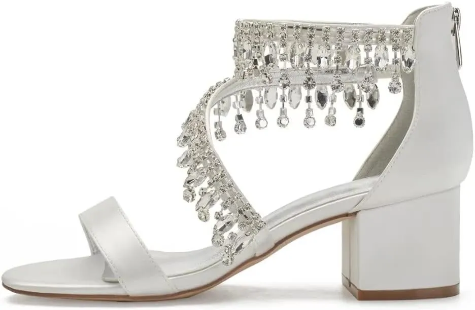 Rhinestones Wedding Sandals Block Heel Open Toe 2" Chunky Heels for Bride Women Dress Shoes