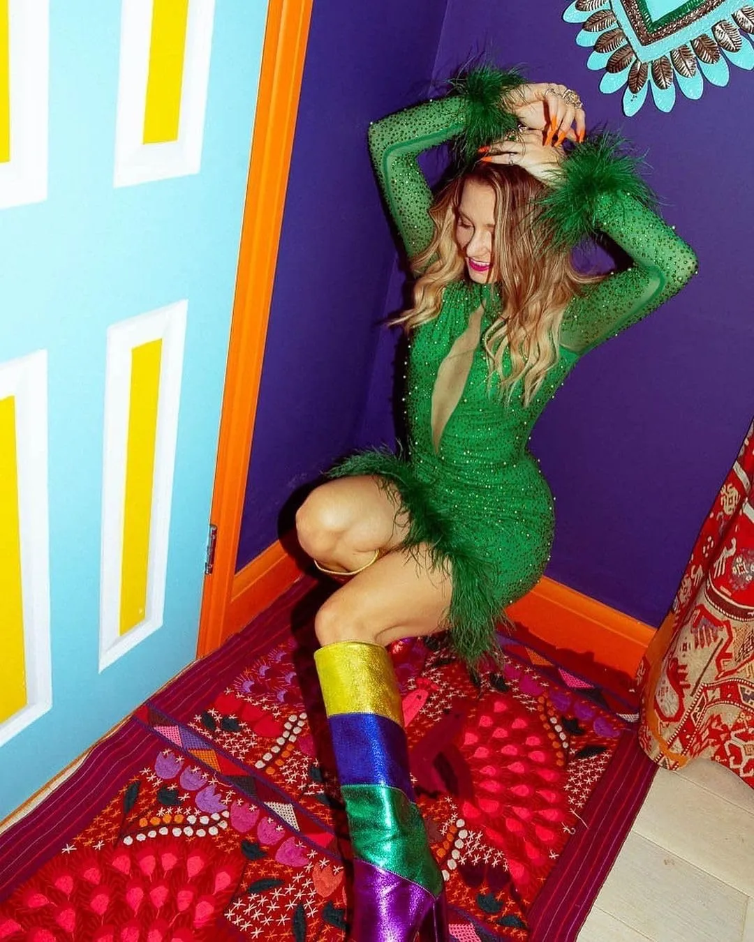richealnini Colorful Patchwork Knee High Boots for Women Sexy Pointed Toe Wide Calf Boots Block Heels for Wedding Party