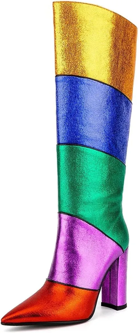 richealnini Colorful Patchwork Knee High Boots for Women Sexy Pointed Toe Wide Calf Boots Block Heels for Wedding Party