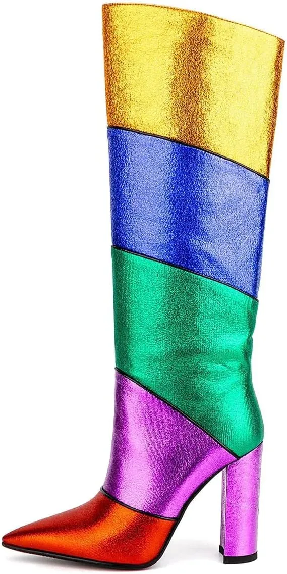 richealnini Colorful Patchwork Knee High Boots for Women Sexy Pointed Toe Wide Calf Boots Block Heels for Wedding Party