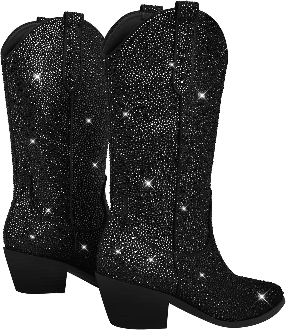 richealnini Cowboy Boots for Women Embroidered Pull-On Mid Calf Booties