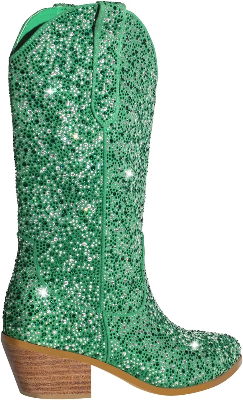 richealnini Cowboy Boots for Women Embroidered Pull-On Mid Calf Booties