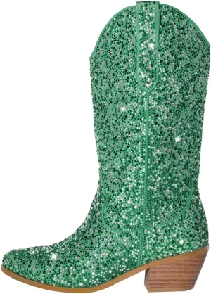richealnini Cowboy Boots for Women Embroidered Pull-On Mid Calf Booties