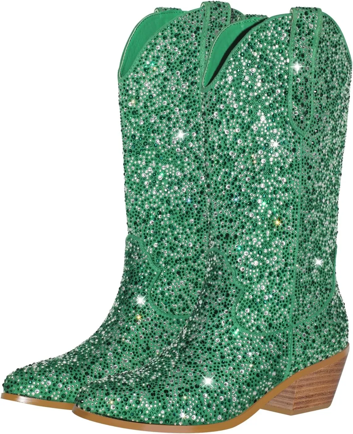 richealnini Cowboy Boots for Women Embroidered Pull-On Mid Calf Booties