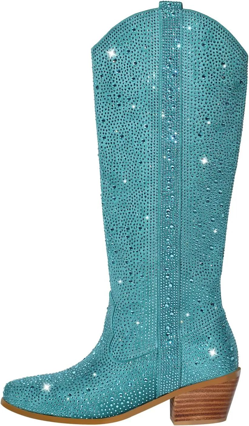 richealnini Sparkle Rhinestone Cowgirl Cowboy Boots for Women Pull On Diamante Heeled Bootes