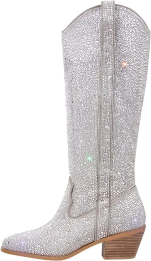 richealnini Sparkle Rhinestone Cowgirl Cowboy Boots for Women Pull On Diamante Heeled Bootes