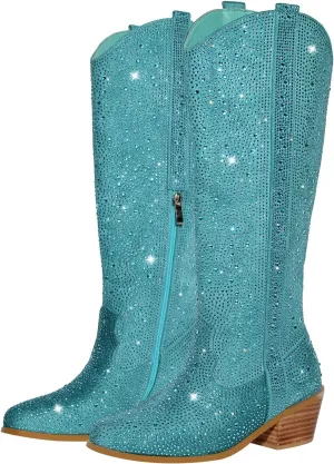 richealnini Sparkle Rhinestone Cowgirl Cowboy Boots for Women Pull On Diamante Heeled Bootes