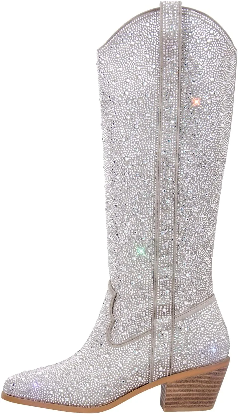 richealnini Sparkle Rhinestone Cowgirl Cowboy Boots for Women Pull On Diamante Heeled Bootes
