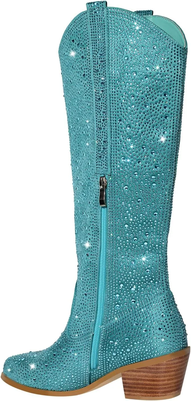 richealnini Sparkle Rhinestone Cowgirl Cowboy Boots for Women Pull On Diamante Heeled Bootes