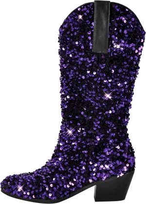 richealnini Sparkling Western Cowboy Boots with Sequins Women's Pull-On Tab Embroidered Mid Calf Boots Wedding Party Dress