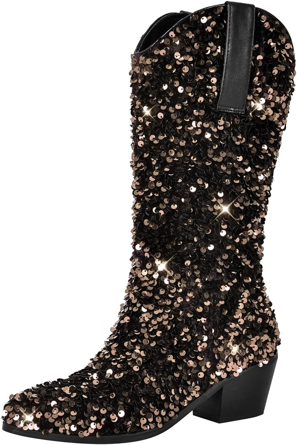 richealnini Sparkling Western Cowboy Boots with Sequins Women's Pull-On Tab Embroidered Mid Calf Boots Wedding Party Dress