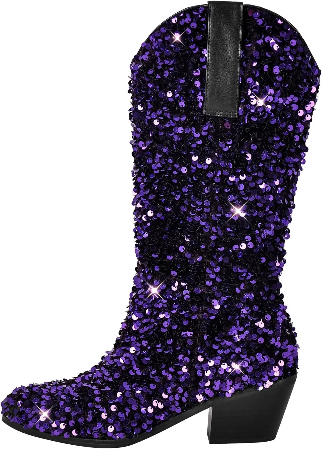 richealnini Sparkling Western Cowboy Boots with Sequins Women's Pull-On Tab Embroidered Mid Calf Boots Wedding Party Dress