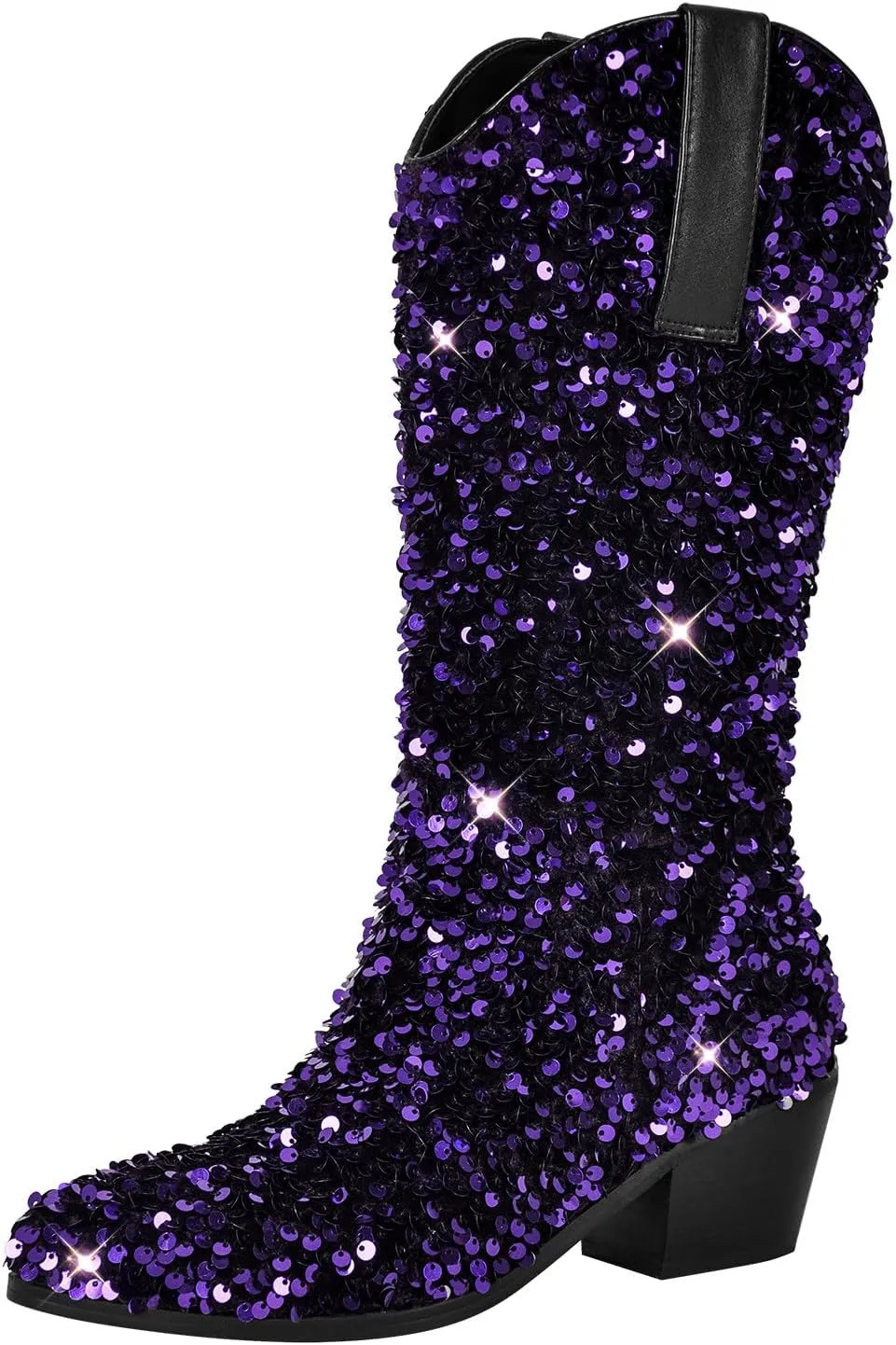 richealnini Sparkling Western Cowboy Boots with Sequins Women's Pull-On Tab Embroidered Mid Calf Boots Wedding Party Dress