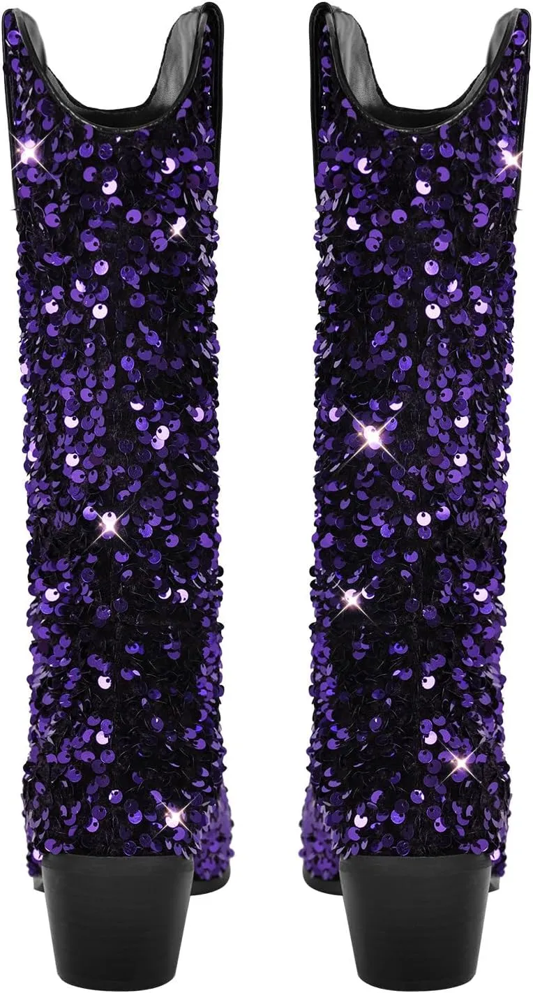 richealnini Sparkling Western Cowboy Boots with Sequins Women's Pull-On Tab Embroidered Mid Calf Boots Wedding Party Dress