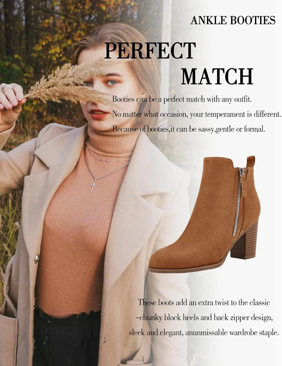 Rilista Ankle Boots for Women Chunky Block Heel Side Zipper Pointd Toe Suede Fall Winter Bootie Shoes