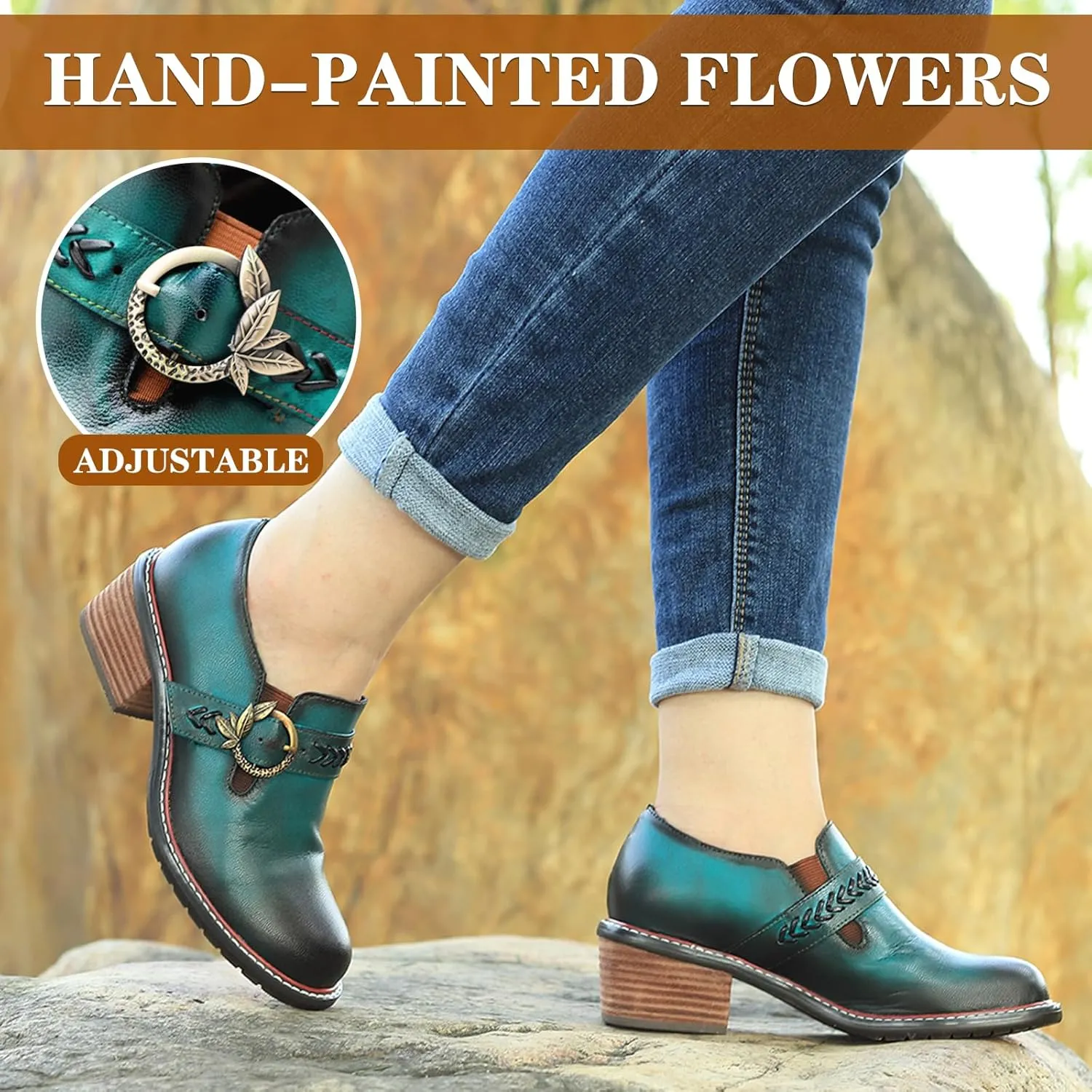 Riutiru Women's Handmade Lambskin Mary Jane Loafers Shoes, Retro Ethnic Print Style and Brock-Style Design