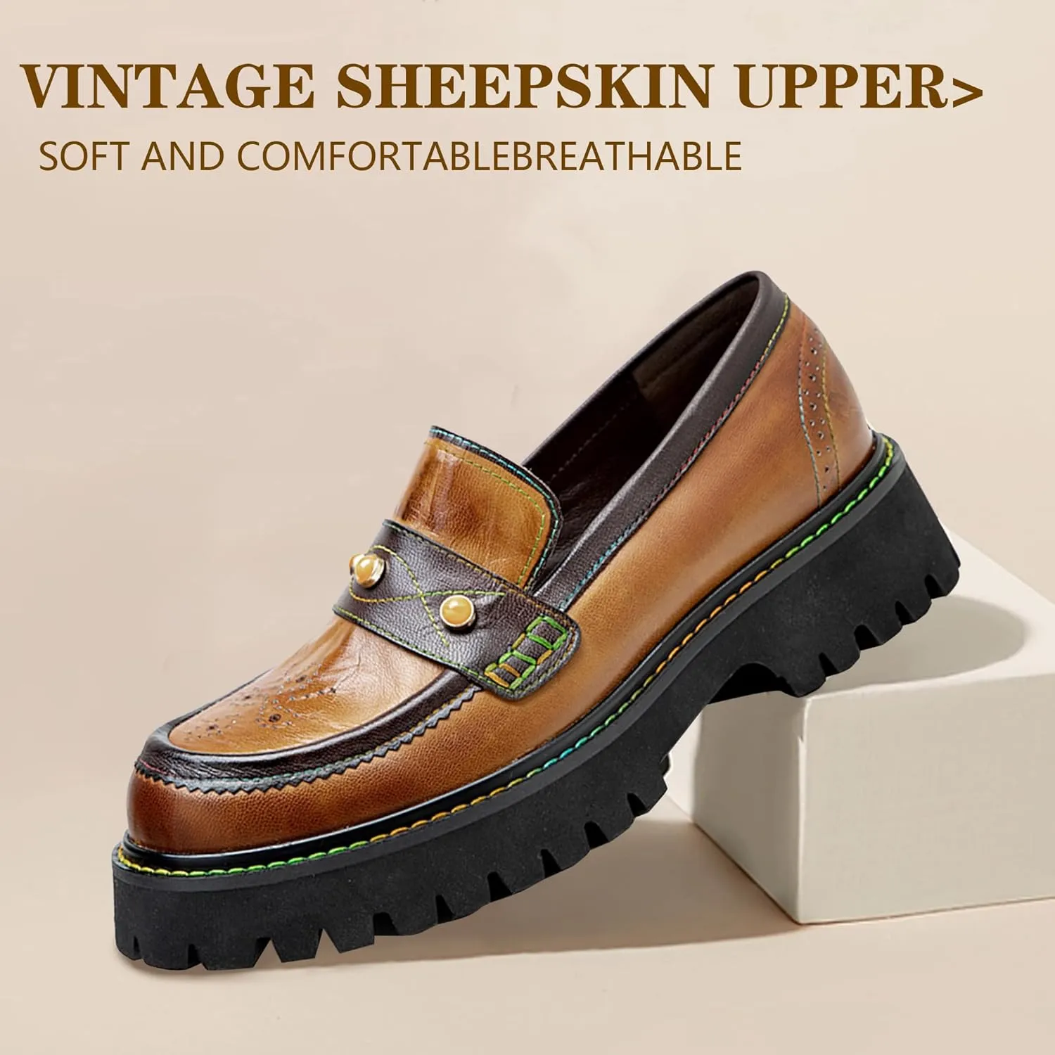 Riutiru Women's Handmade Lambskin Mary Jane Loafers Shoes, Retro Ethnic Print Style and Brock-Style Design