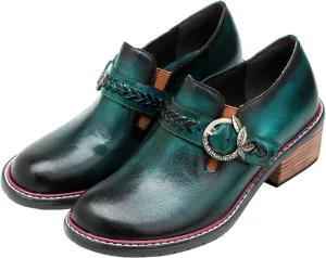 Riutiru Women's Handmade Lambskin Mary Jane Loafers Shoes, Retro Ethnic Print Style and Brock-Style Design