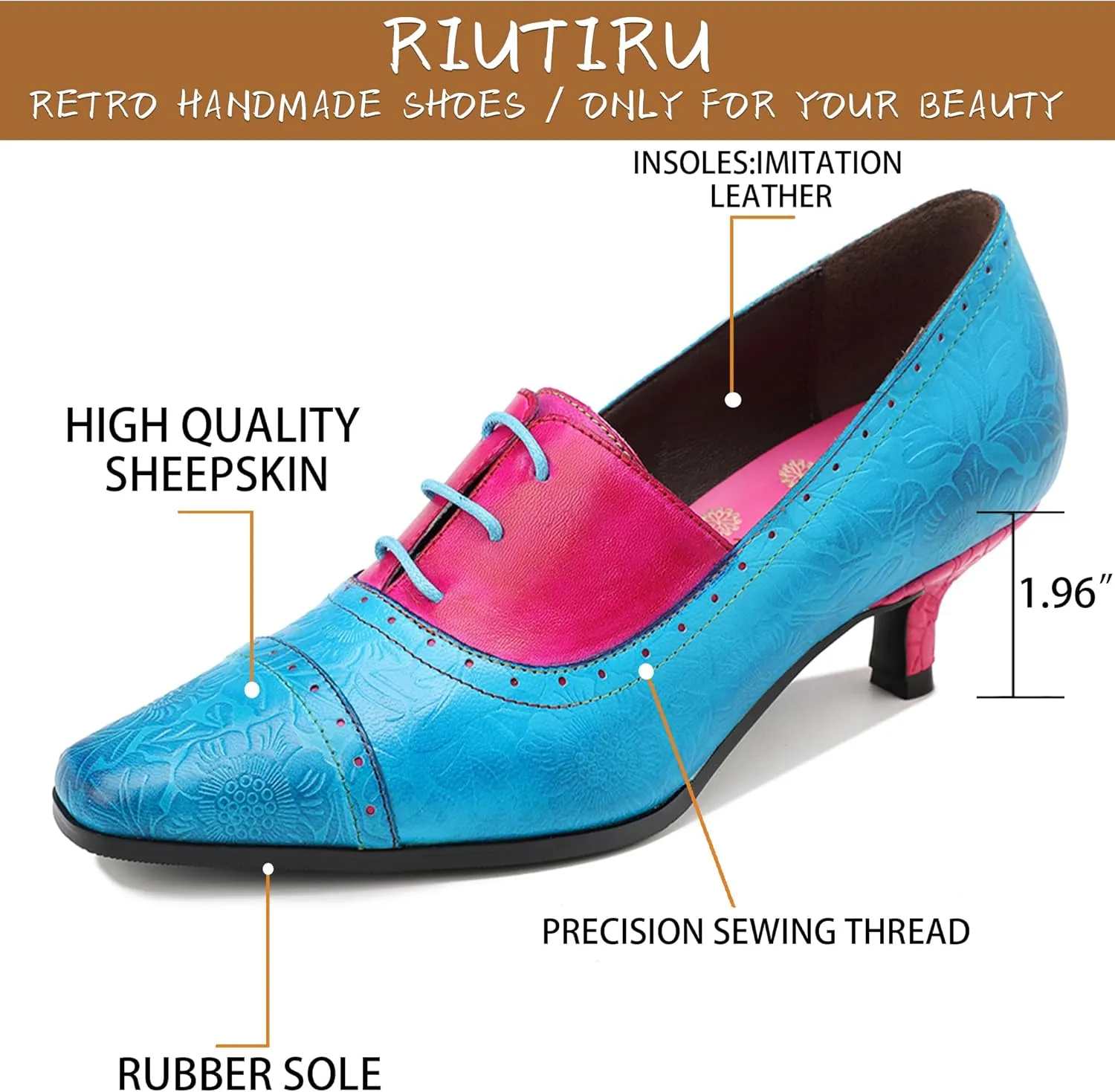 Riutiru Women's Handmade Lambskin Mary Jane Loafers Shoes, Retro Ethnic Print Style and Brock-Style Design