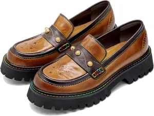 Riutiru Women's Handmade Lambskin Mary Jane Loafers Shoes, Retro Ethnic Print Style and Brock-Style Design