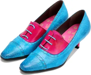 Riutiru Women's Handmade Lambskin Mary Jane Loafers Shoes, Retro Ethnic Print Style and Brock-Style Design