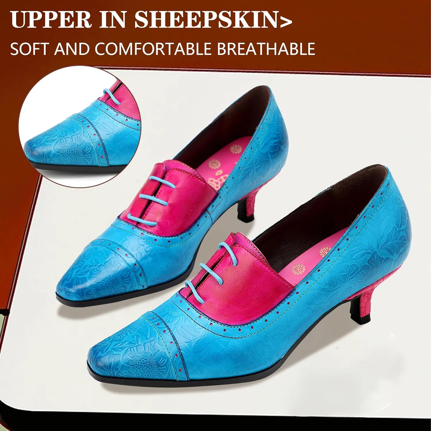 Riutiru Women's Handmade Lambskin Mary Jane Loafers Shoes, Retro Ethnic Print Style and Brock-Style Design