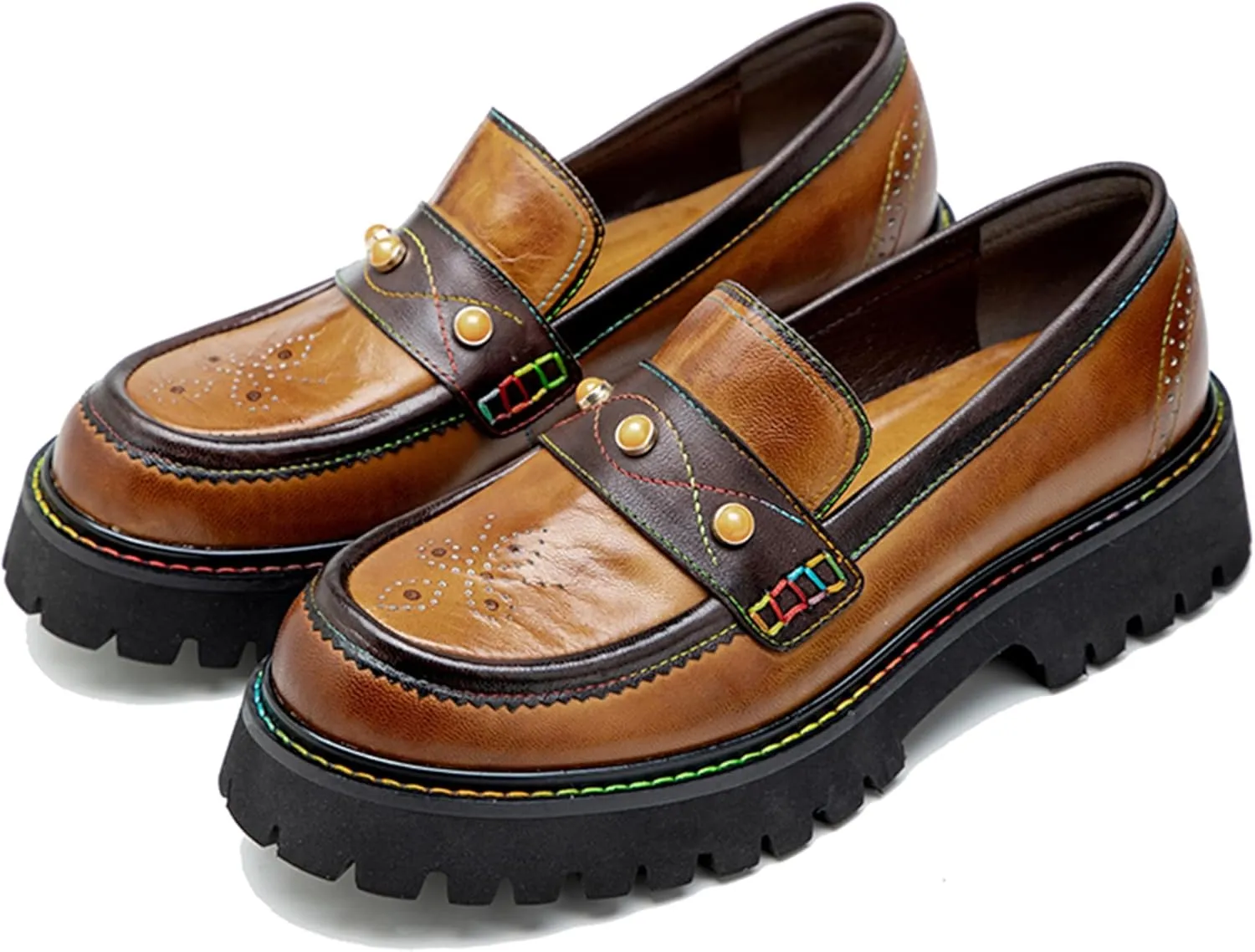 Riutiru Women's Handmade Lambskin Mary Jane Loafers Shoes, Retro Ethnic Print Style and Brock-Style Design