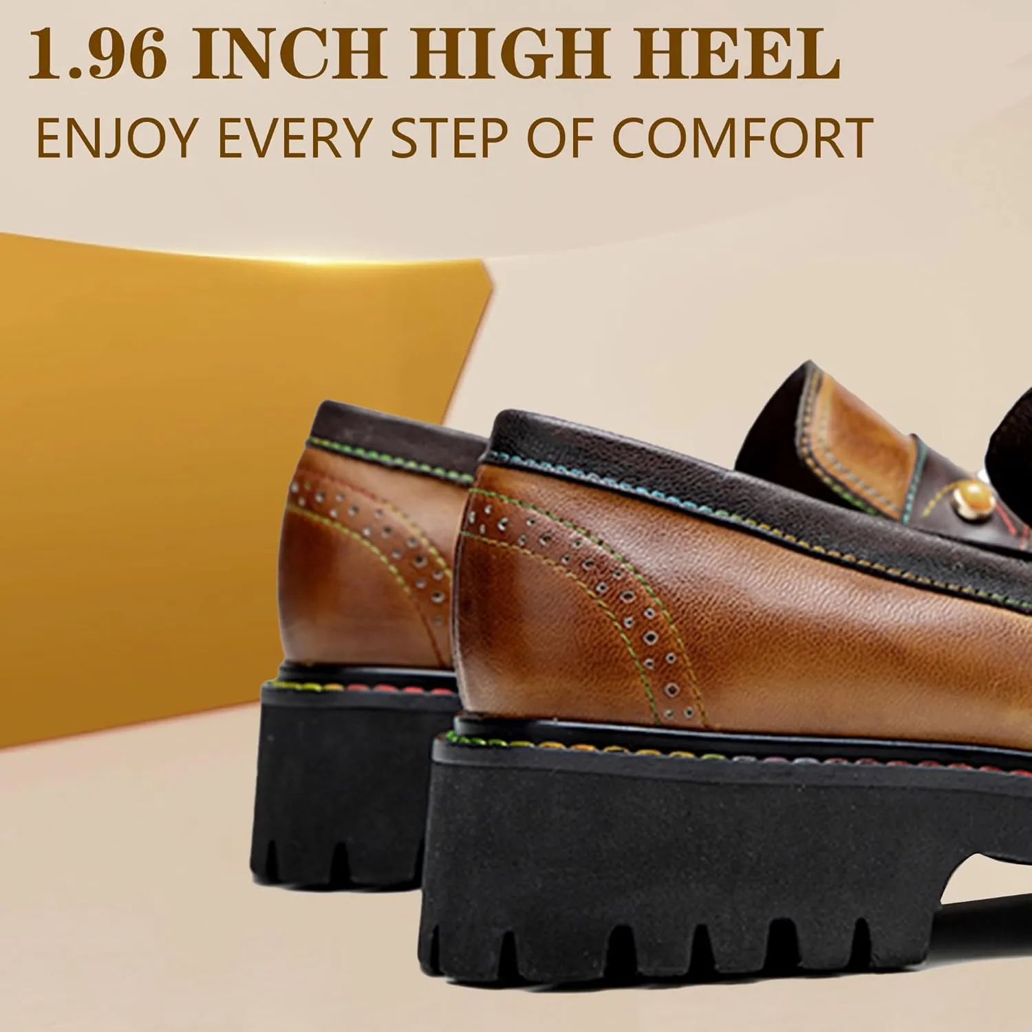 Riutiru Women's Handmade Lambskin Mary Jane Loafers Shoes, Retro Ethnic Print Style and Brock-Style Design