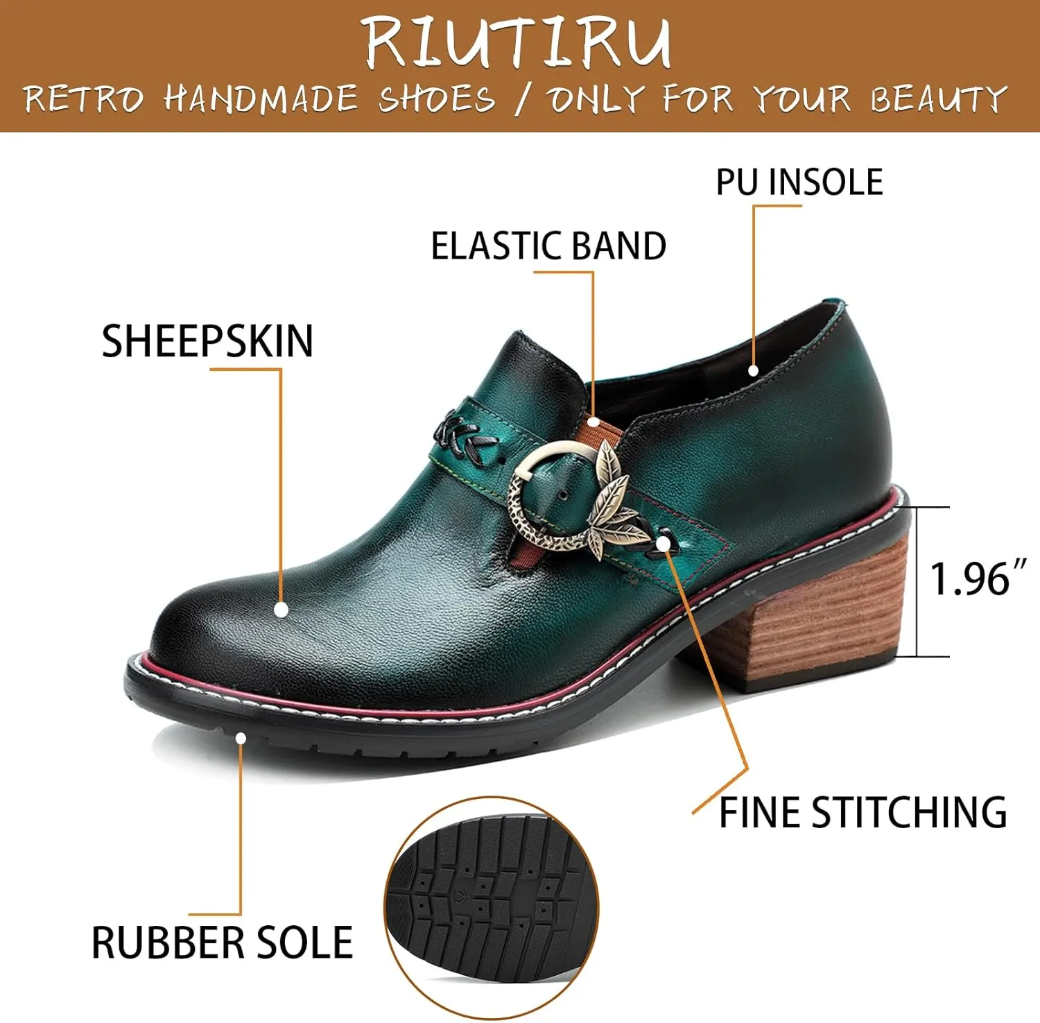 Riutiru Women's Handmade Lambskin Mary Jane Loafers Shoes, Retro Ethnic Print Style and Brock-Style Design