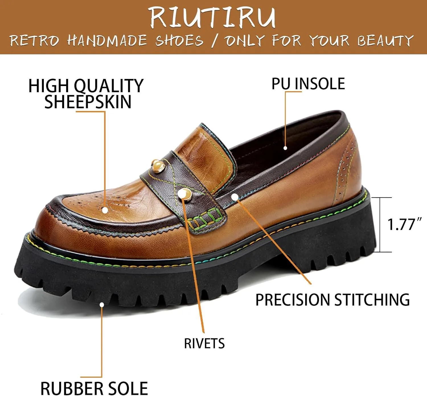 Riutiru Women's Handmade Lambskin Mary Jane Loafers Shoes, Retro Ethnic Print Style and Brock-Style Design