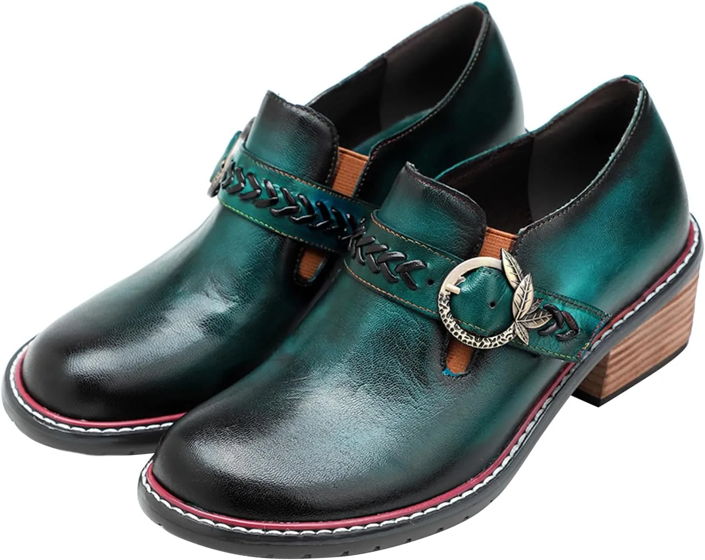 Riutiru Women's Handmade Lambskin Mary Jane Loafers Shoes, Retro Ethnic Print Style and Brock-Style Design