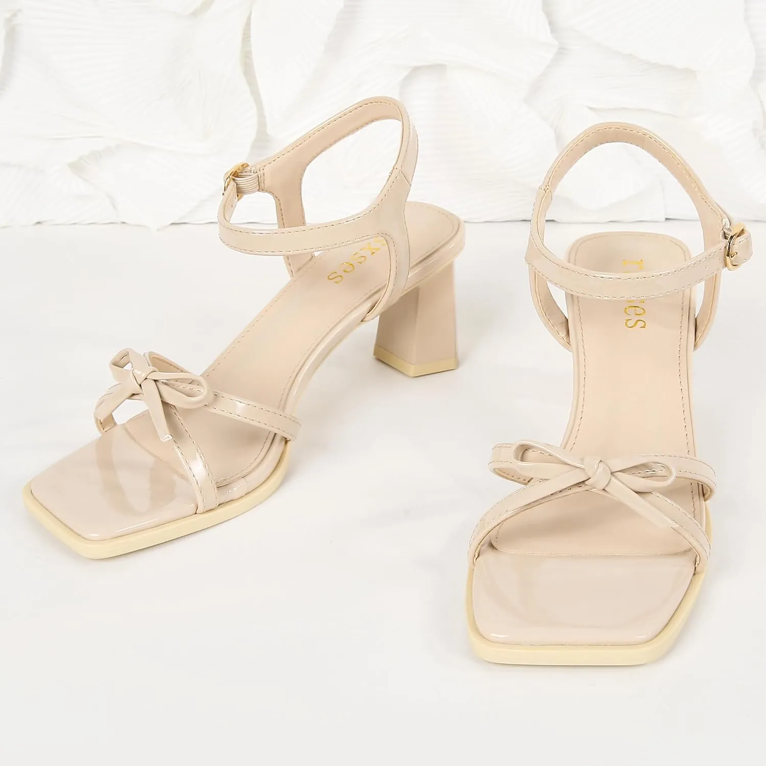 rsxses High Heels for Women Bow Block Chunky Heels Square Open Toe Sandals Wedding Dress Party Strappy Heels