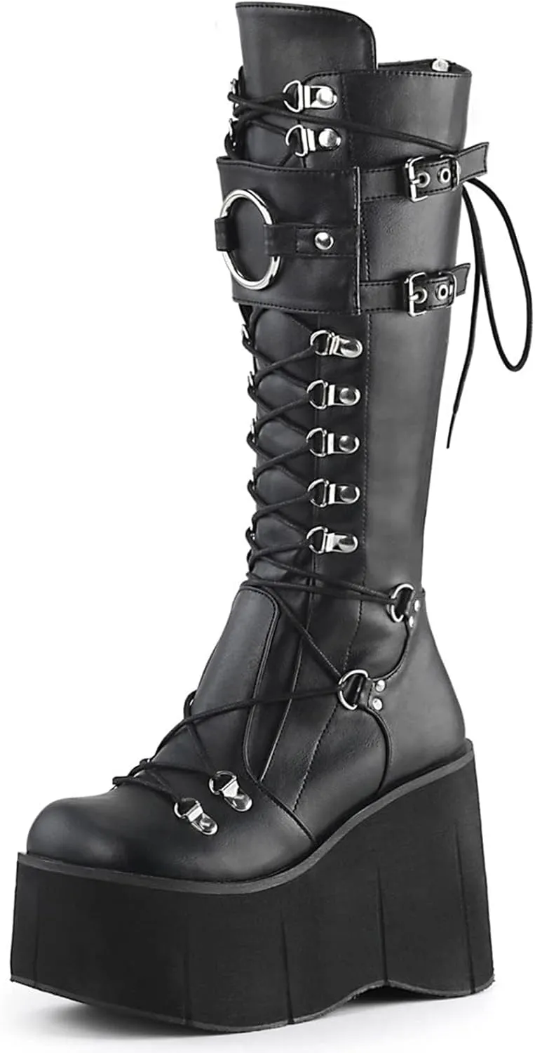 SACFOF Platform Knee Boots for Women Chunky Heel Wedge Boots Combat Goth Punk Motorcycle Booties Zip up With Metal Buckles