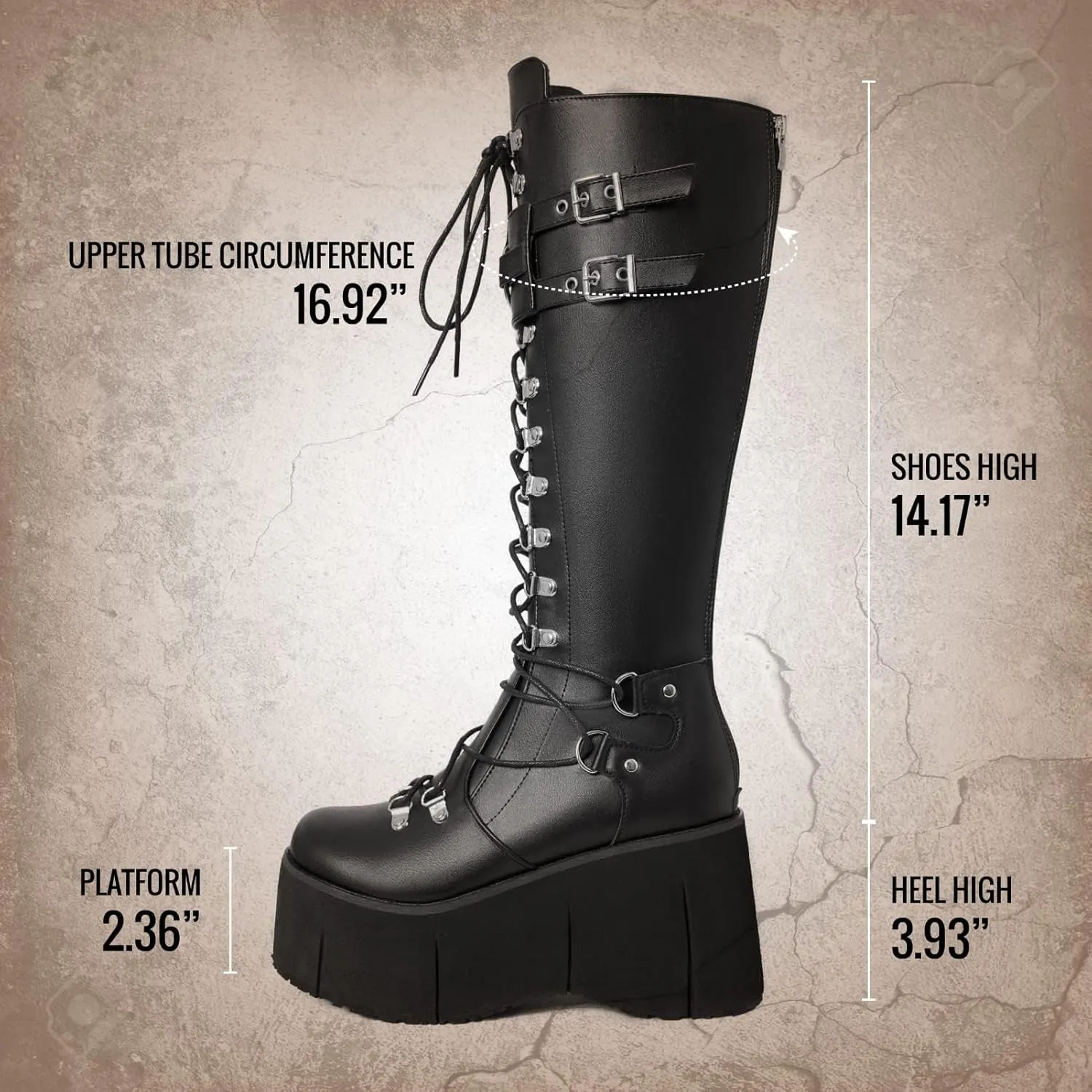 SACFOF Platform Knee Boots for Women Chunky Heel Wedge Boots Combat Goth Punk Motorcycle Booties Zip up With Metal Buckles