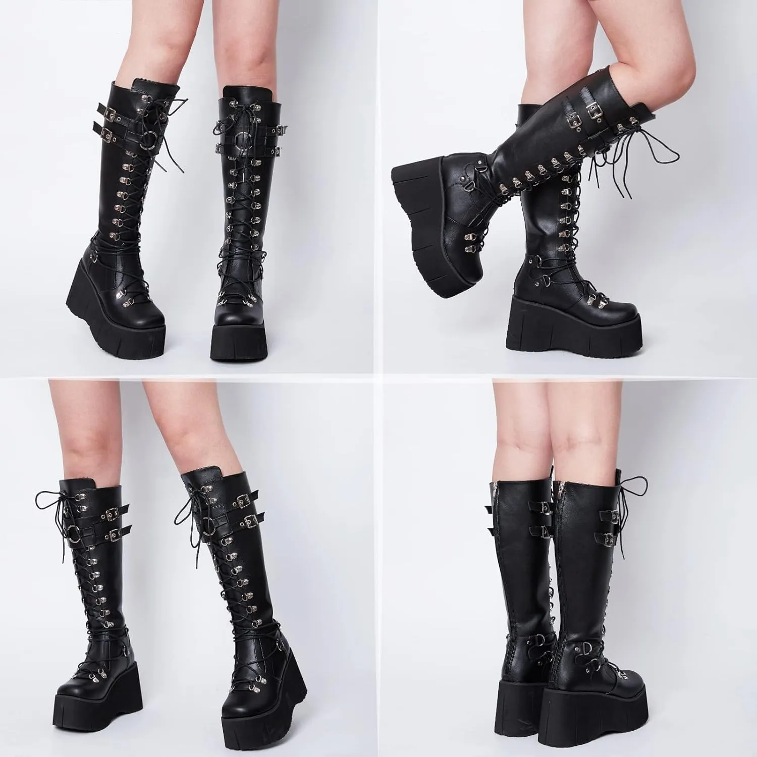 SACFOF Platform Knee Boots for Women Chunky Heel Wedge Boots Combat Goth Punk Motorcycle Booties Zip up With Metal Buckles