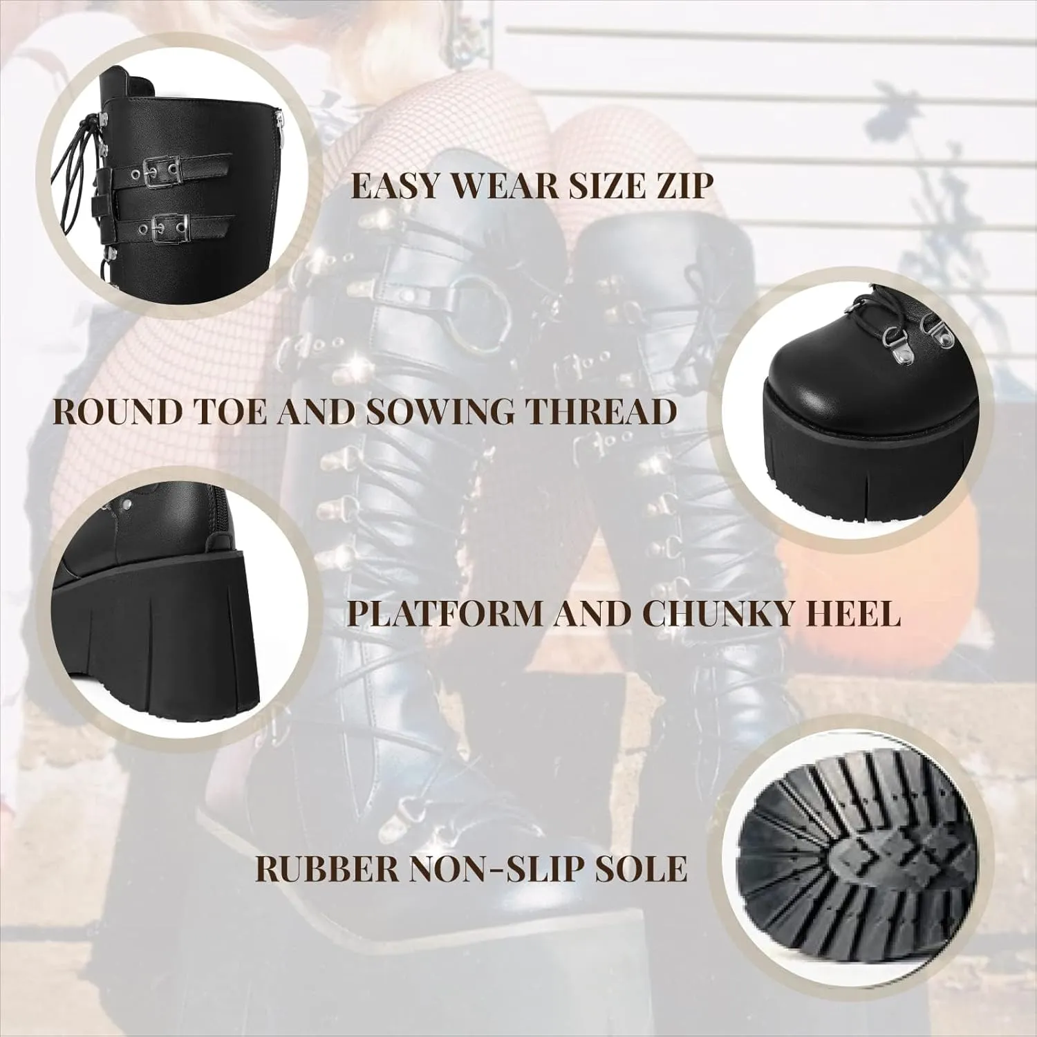 SACFOF Platform Knee Boots for Women Chunky Heel Wedge Boots Combat Goth Punk Motorcycle Booties Zip up With Metal Buckles