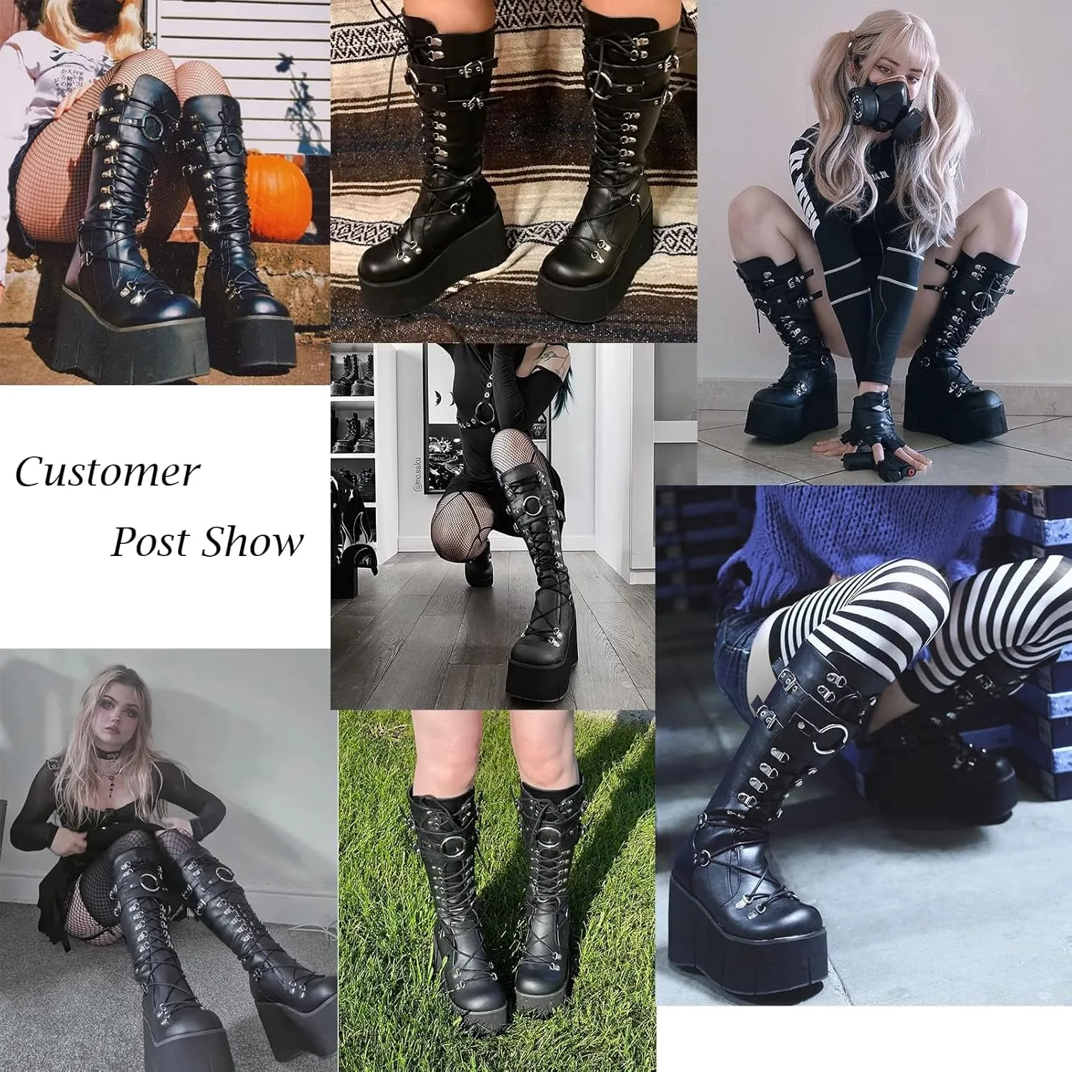 SACFOF Platform Knee Boots for Women Chunky Heel Wedge Boots Combat Goth Punk Motorcycle Booties Zip up With Metal Buckles