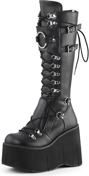 SACFOF Platform Knee Boots for Women Chunky Heel Wedge Boots Combat Goth Punk Motorcycle Booties Zip up With Metal Buckles