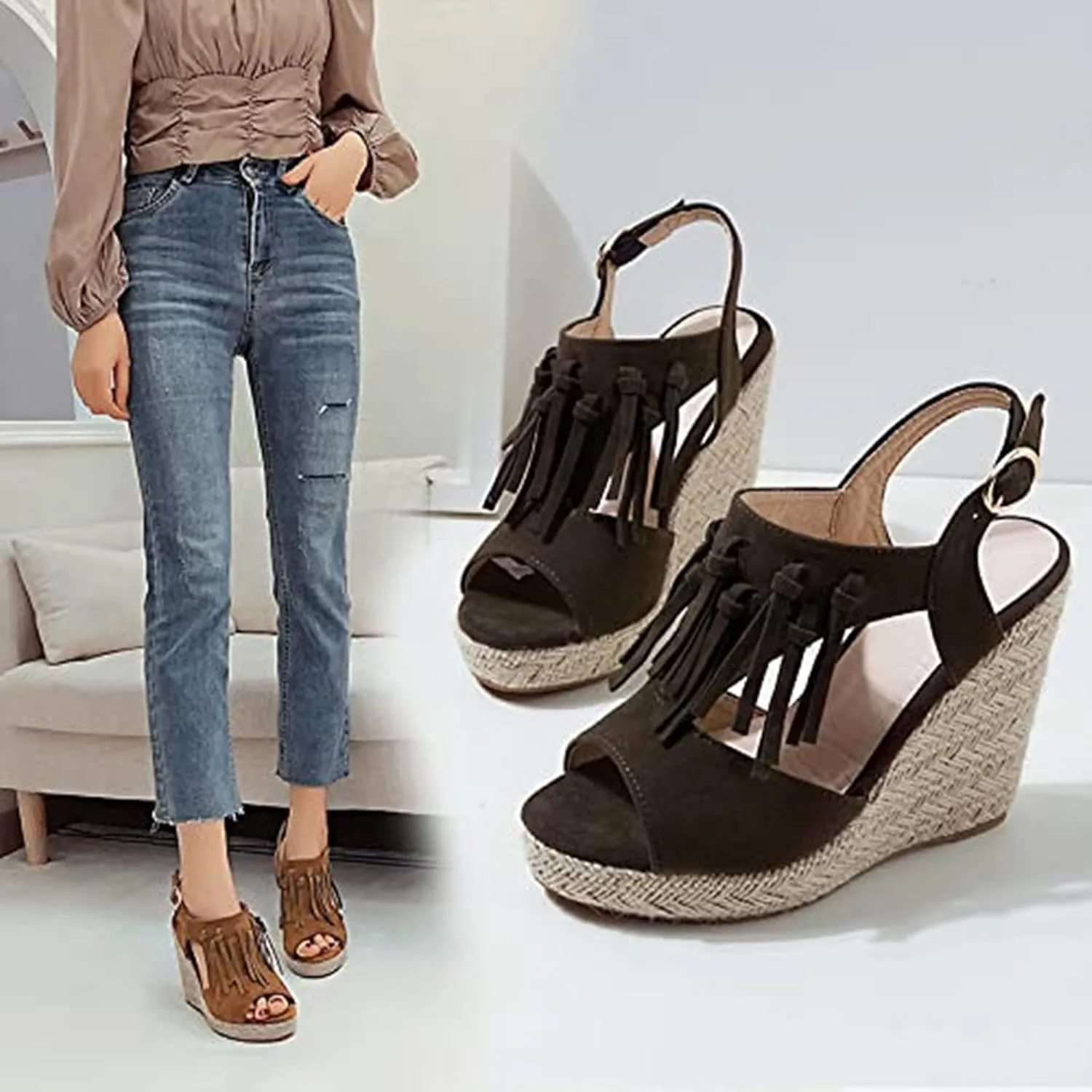 SACFOF Womens Espadrilles Wedges Sandals Tassel Open Toe Slingback High Heel Platform Ankle Strap Summer Party Dress Shoes