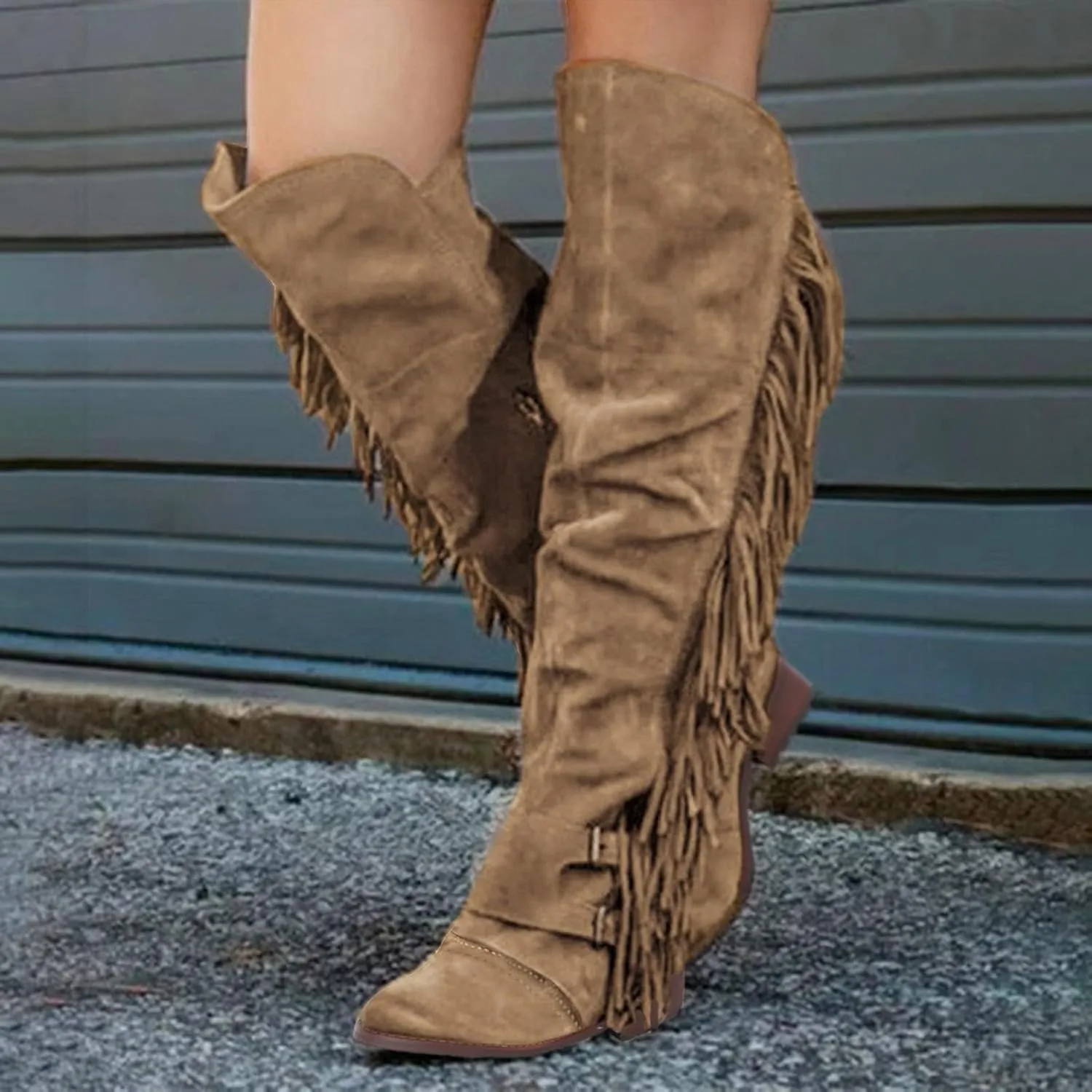 SACFOF Women's Over The Knee Boots Long Boots Square Heels Shoes Retro Tassel Moccasin Low Heel Zipper Knee High Boots