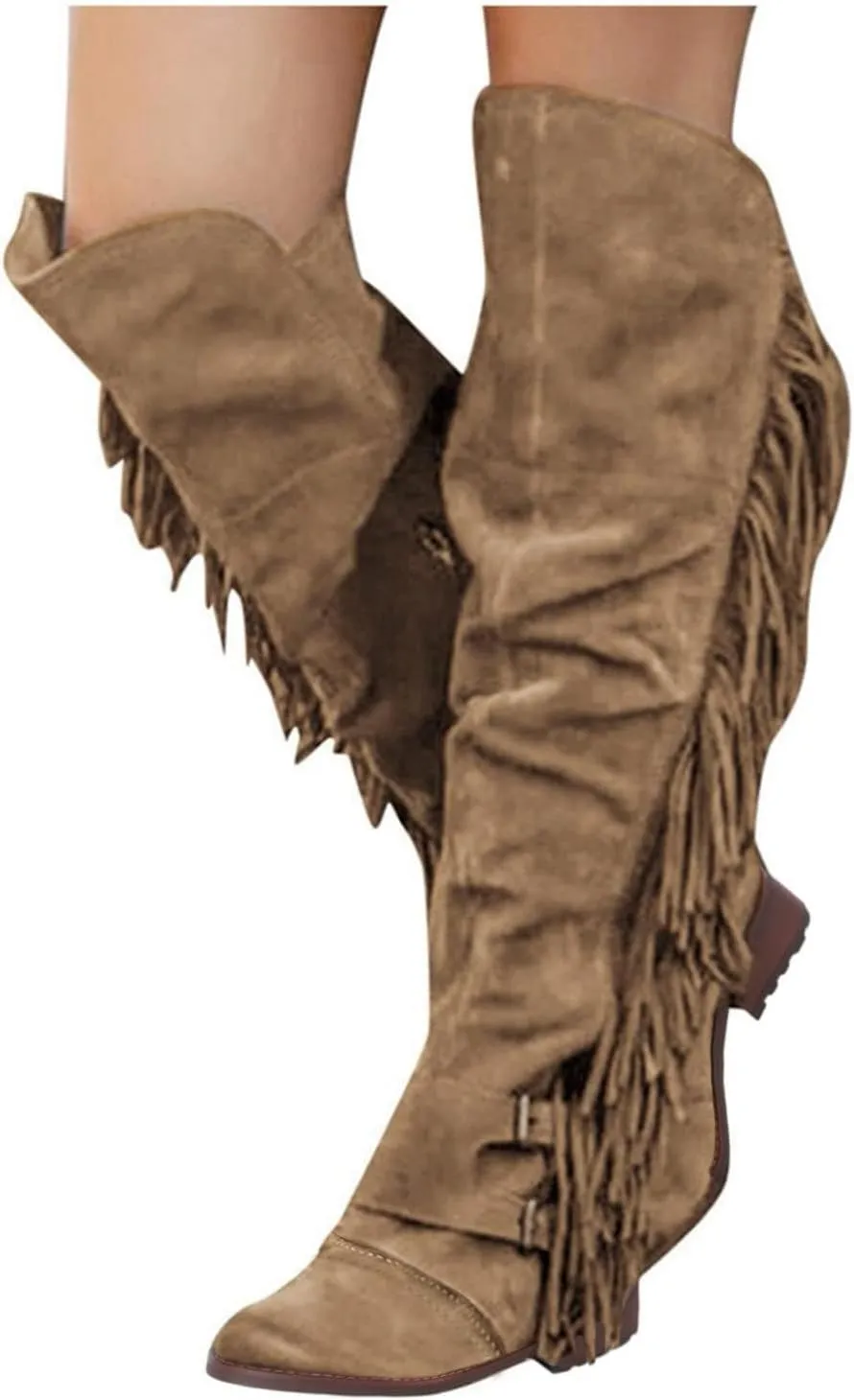 SACFOF Women's Over The Knee Boots Long Boots Square Heels Shoes Retro Tassel Moccasin Low Heel Zipper Knee High Boots