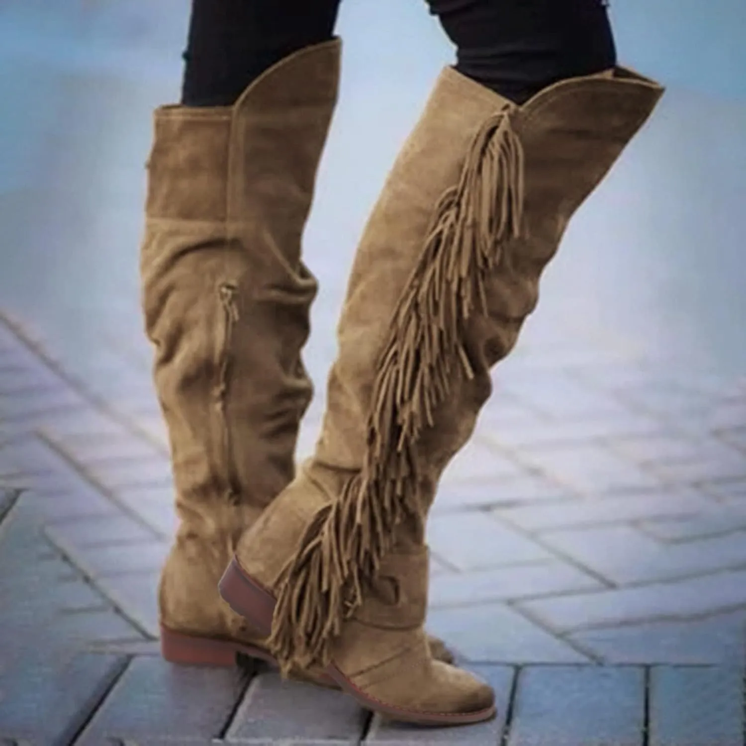 SACFOF Women's Over The Knee Boots Long Boots Square Heels Shoes Retro Tassel Moccasin Low Heel Zipper Knee High Boots