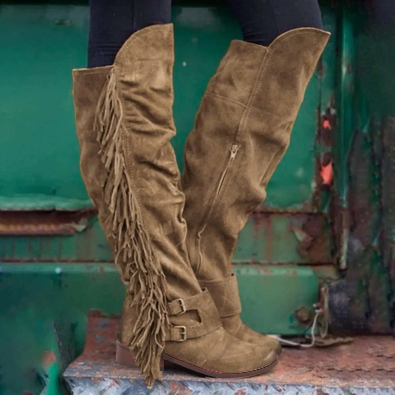 SACFOF Women's Over The Knee Boots Long Boots Square Heels Shoes Retro Tassel Moccasin Low Heel Zipper Knee High Boots