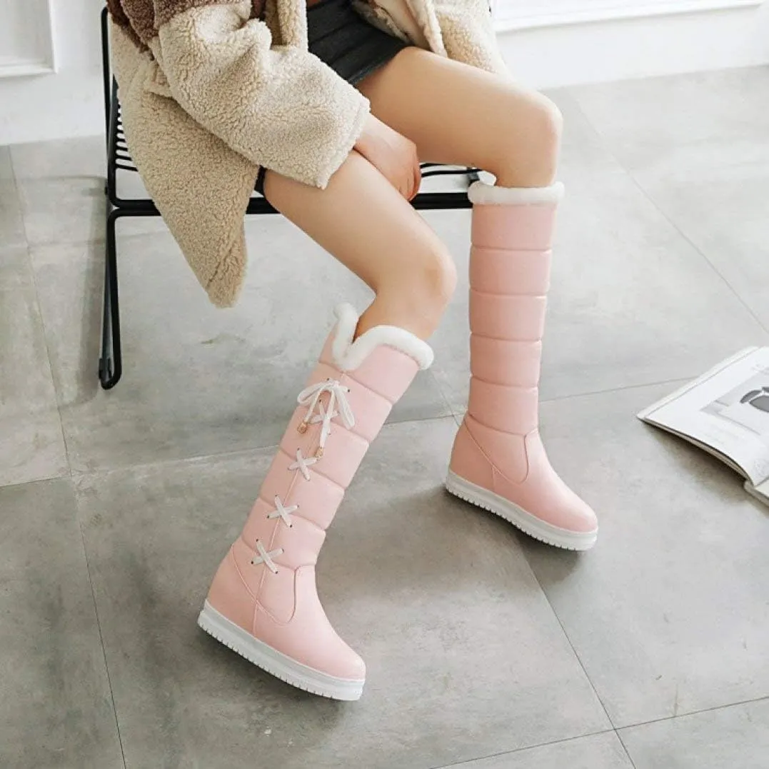 SACFOF Womens Winter Snow Boots Waterproof Long Booties Furry Mid Calf Warm Plush Lined Lace Up Comfort Snow Boots
