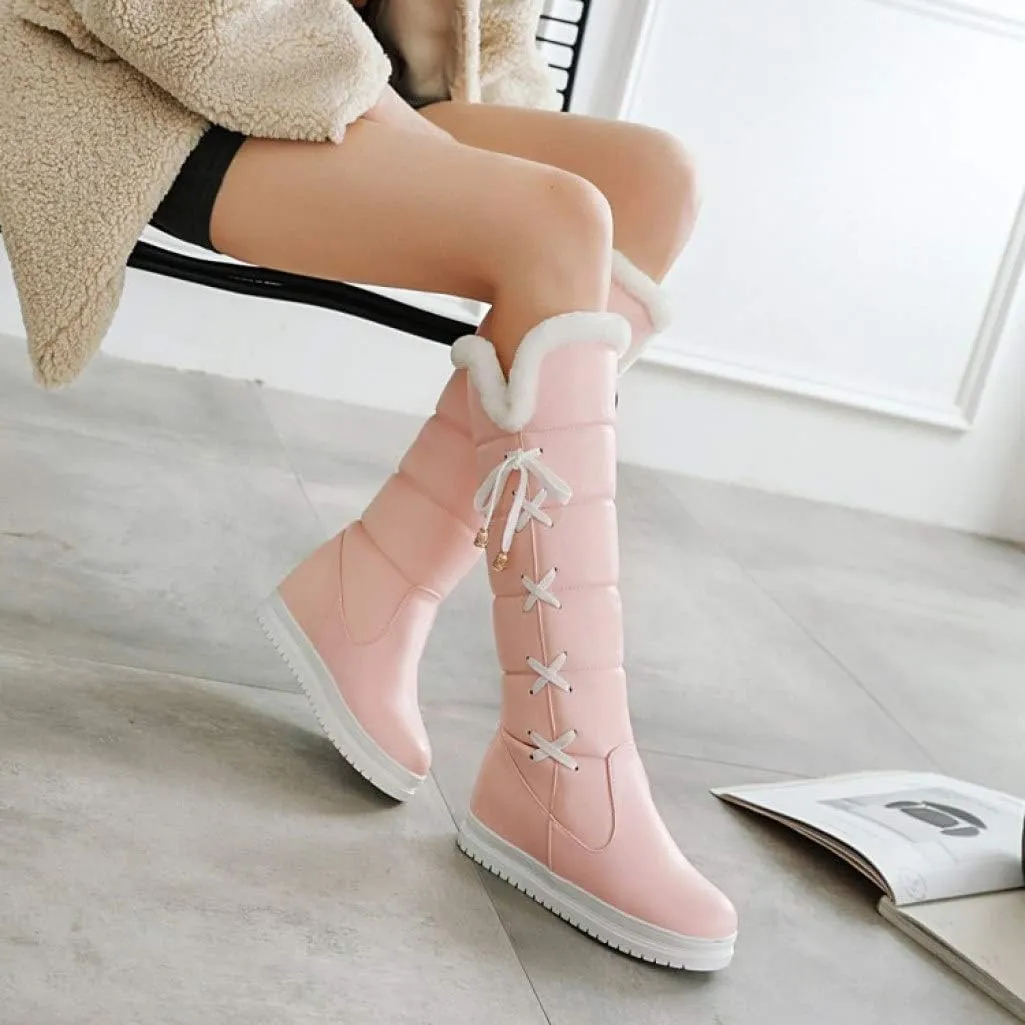 SACFOF Womens Winter Snow Boots Waterproof Long Booties Furry Mid Calf Warm Plush Lined Lace Up Comfort Snow Boots
