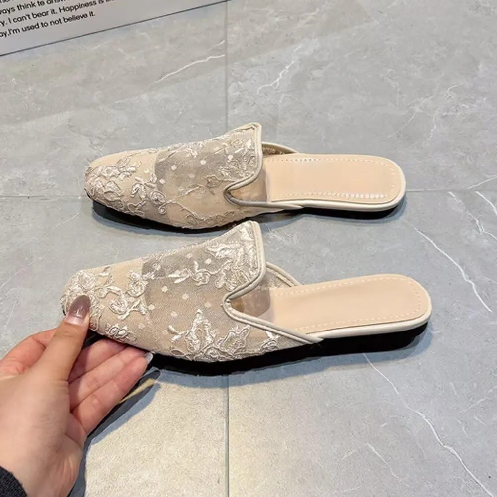 SAILING LU Square Toe Mules for Women Casual Backless Shoes Solid Color Flat Slip ons Comfort Summer Sandals