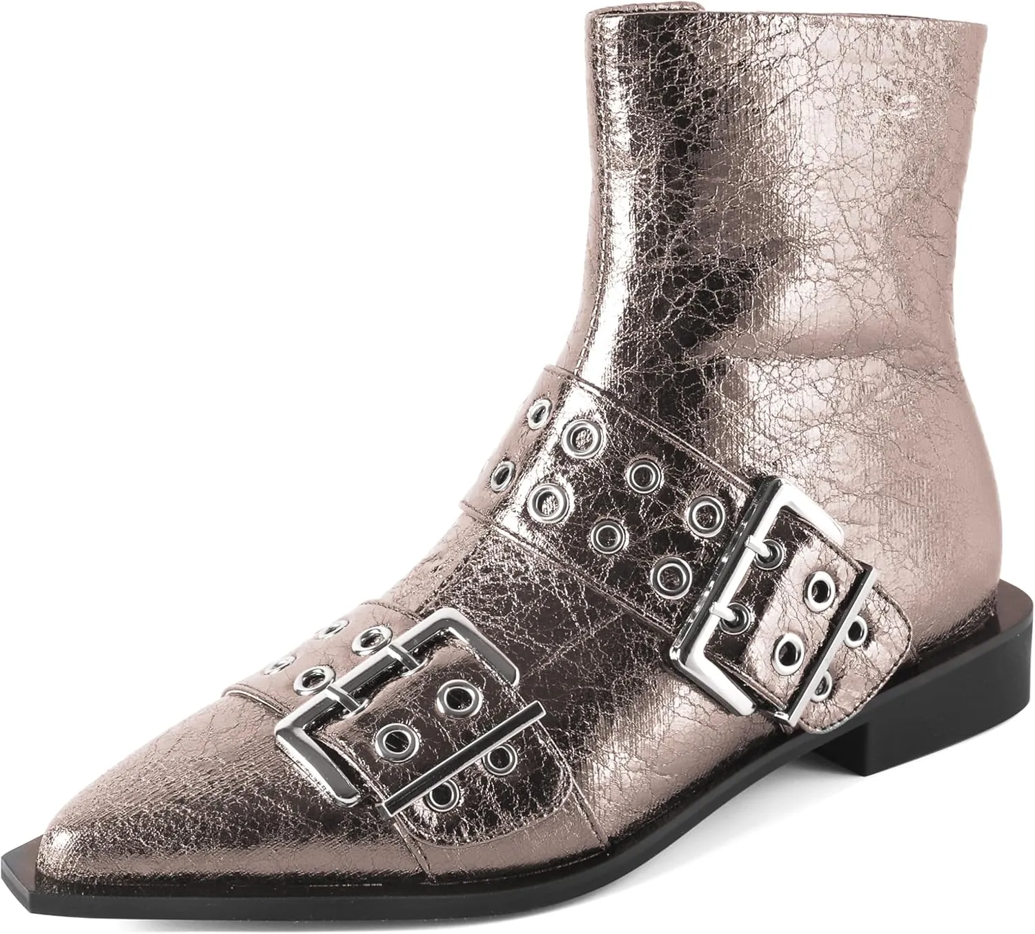 SAMMITOP Women's Ankle Boot Chunky Low Heel Dress Ankle Boots Classic Pointed Toe Side Zipper Chelsea Booties with Metal Buckle Eyelet 1.2 Inch