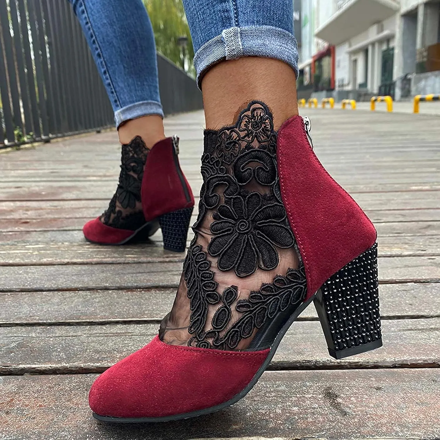 Sandals Women Dressy Summer, Sandals for Women Sexy Hollow Floral Lace Chunky High Heels Platform Boots Casual Boots