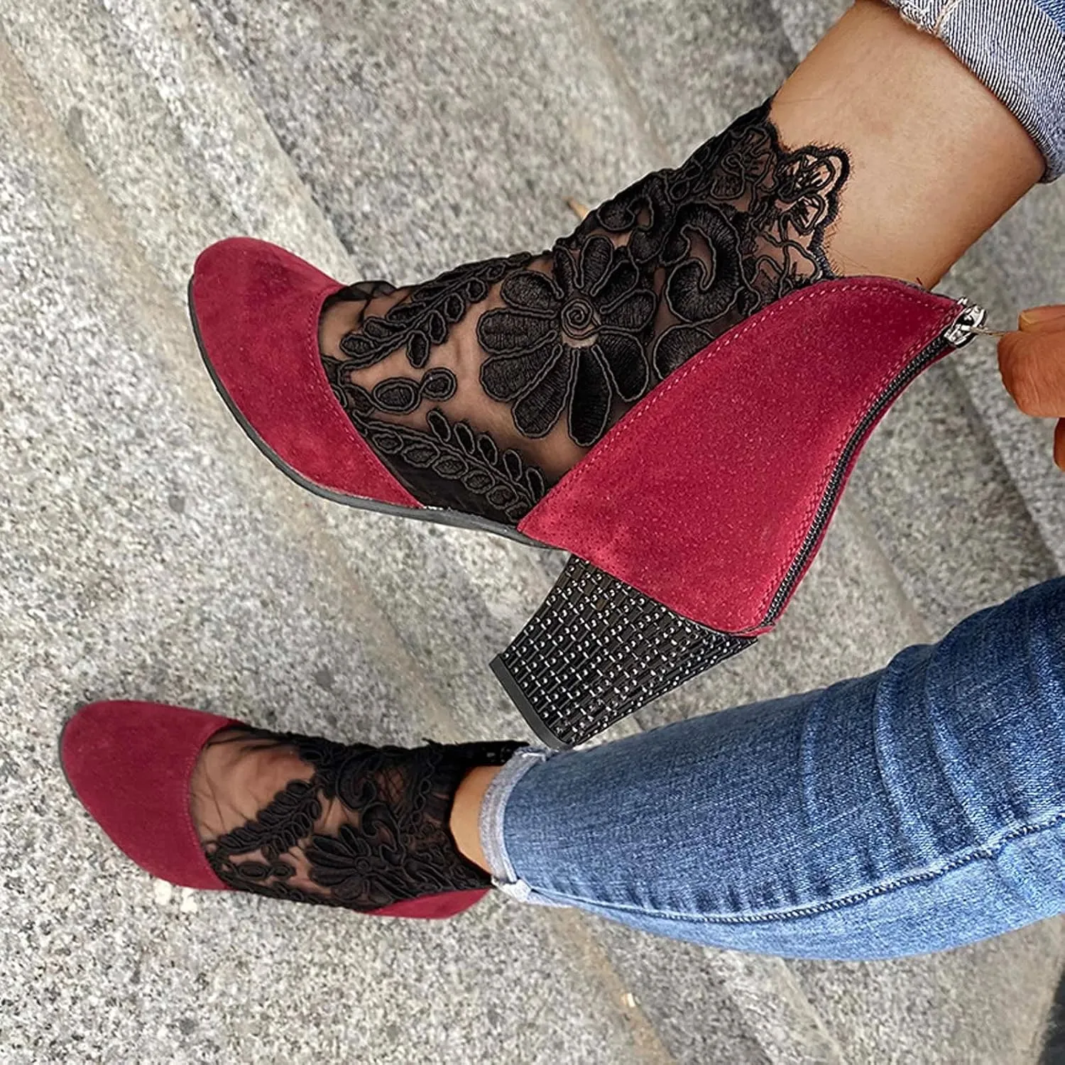 Sandals Women Dressy Summer, Sandals for Women Sexy Hollow Floral Lace Chunky High Heels Platform Boots Casual Boots