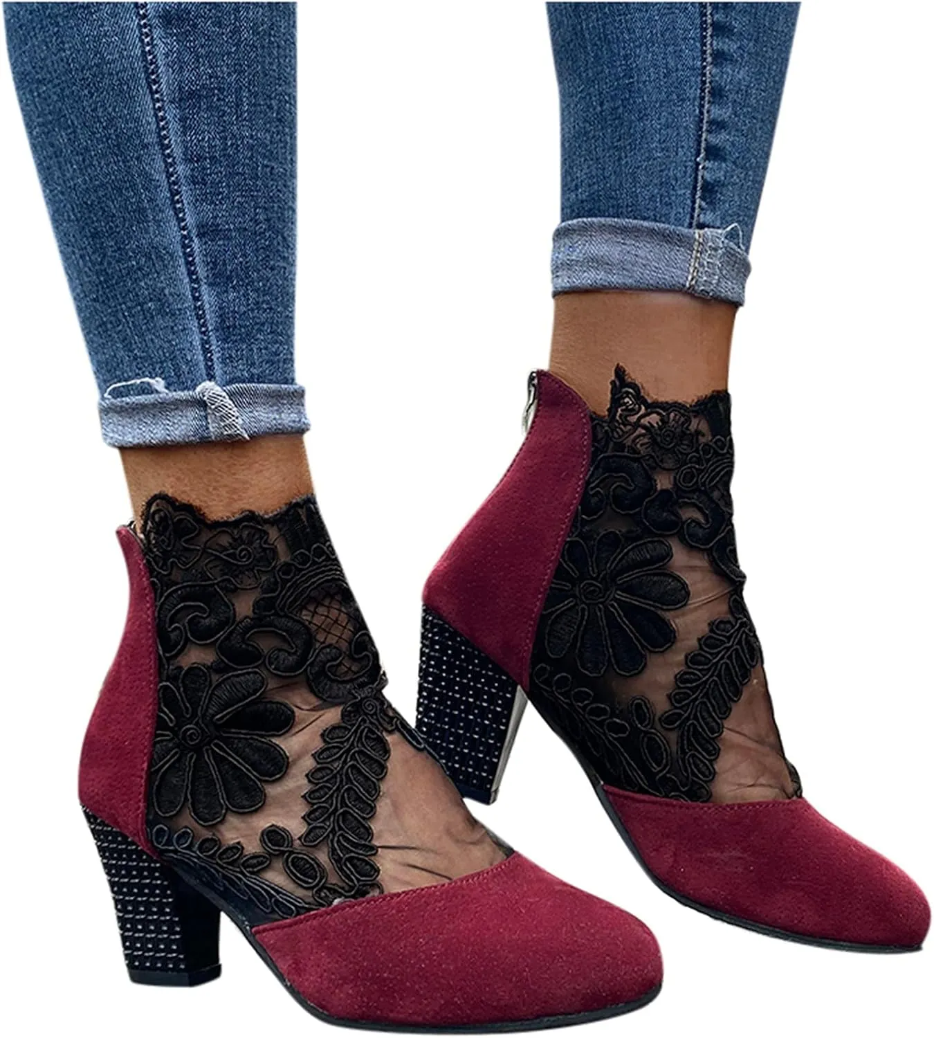 Sandals Women Dressy Summer, Sandals for Women Sexy Hollow Floral Lace Chunky High Heels Platform Boots Casual Boots